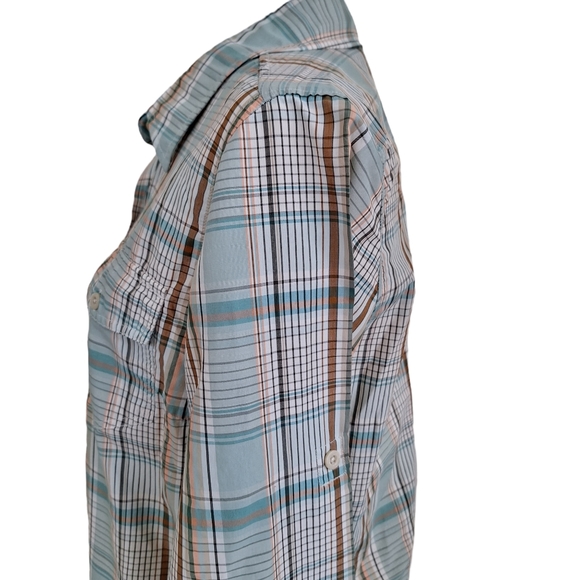 Patagonia Aqua and Tan Plaid Pattern Hiking Convertible Roll Up Sleeve Shirt 10 - Picture 4 of 9